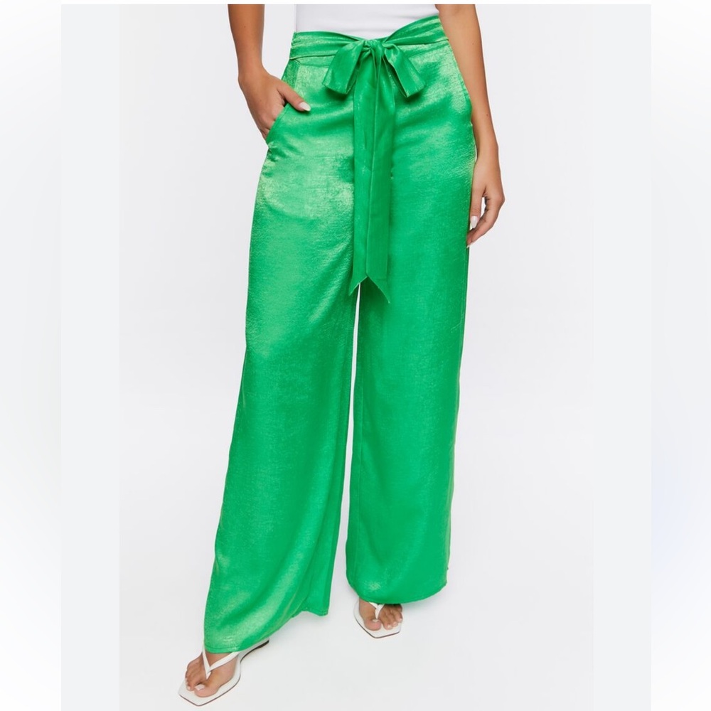 NWOT Green Palazzo Pants Sz M Summer High Waisted Pant Green Satin Wide Leg Pant